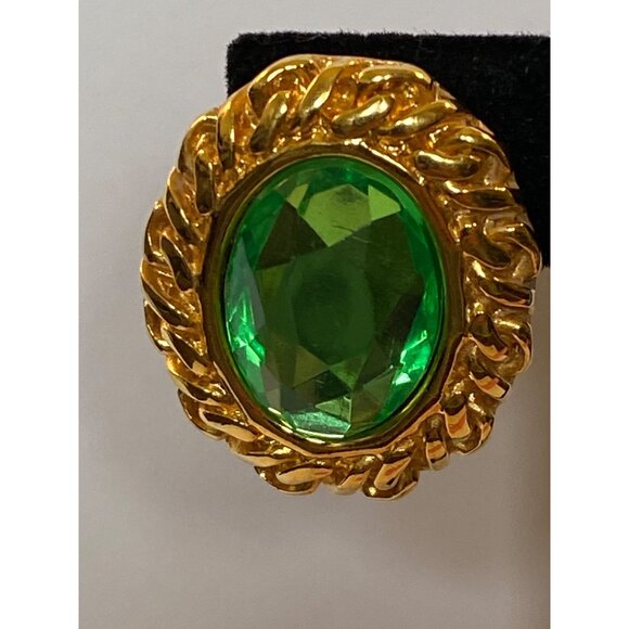 KJL Gold-Tone Post Earrings With Green Crystal Oval Stones J0176 - Picture 3 of 9